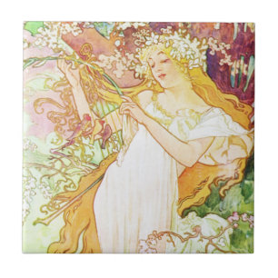 Carreau Alpha Mucha Spring Floral Vintage Art nouveau