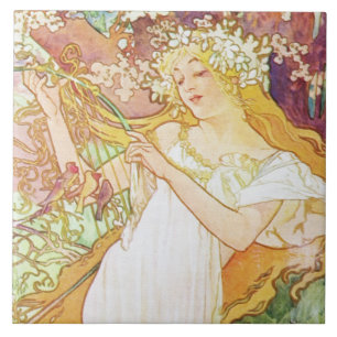 Carreau Alpha Mucha Spring Floral Vintage Art nouveau