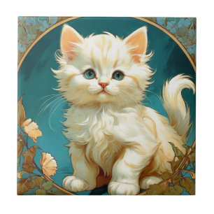 Carreau Alphonse Mucha Art Nouveau Chat Blanc