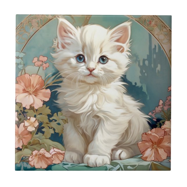 Carreau Alphonse Mucha Style Chat blanc (Devant)