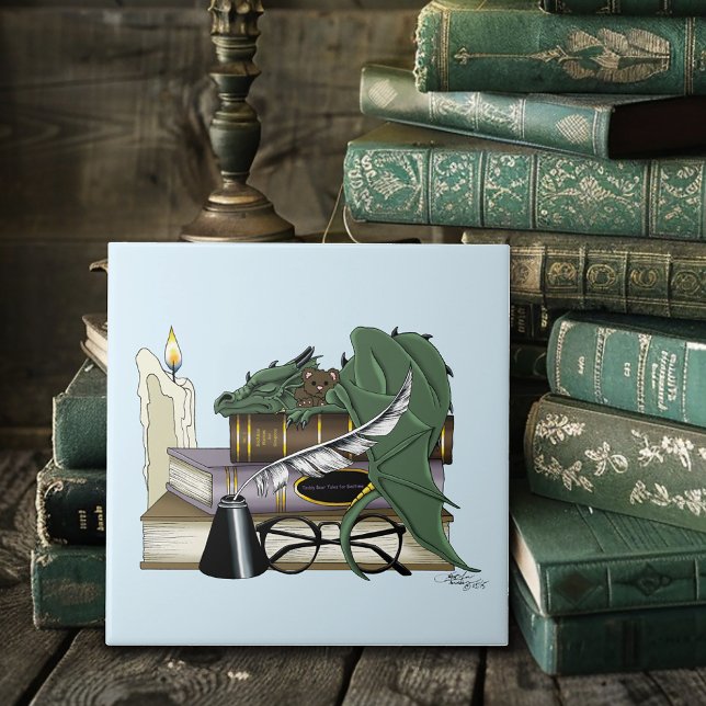 Carreau Amant de livres dragon endormi fantaisiste vert co (Créateur téléchargé)