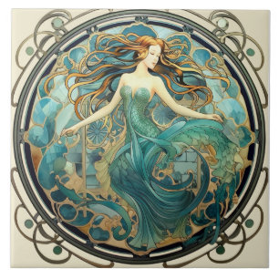 Carreau Ambre et sirène Art Nouveau, Aquamarine et Ambre