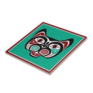 Carreau Amérindien rouge noir vectoriel haïda Art Kitty