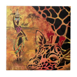 Carreau Amis en céramique de fille et de girafe