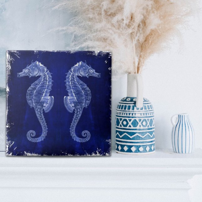 Carreau amoureux de la plage littoral océan bleu hippocamp (beach lover coastal ocean blue seahorses ceramic tile)