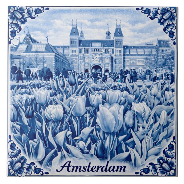 Carreau Amsterdam tulips Delft Blue style tile (Devant)
