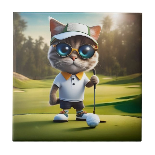 Carreau Amusant Animé Cat Golf Player, (Devant)