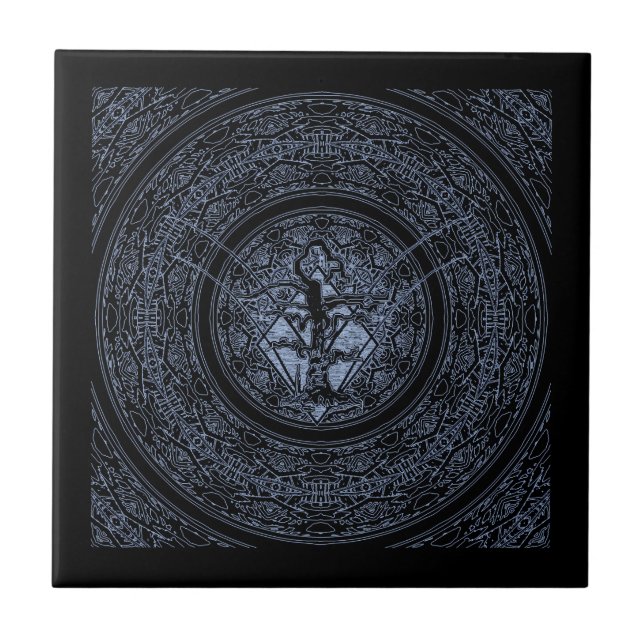 Carreau Ancien arbre Abstrait négatif noir et bleu sans fi (Devant)