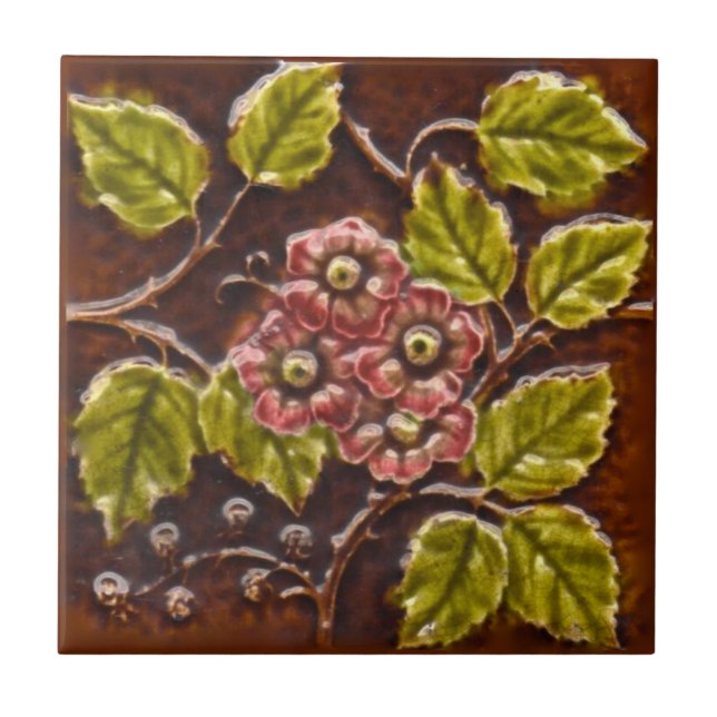 Carreau Ancien Majolica Floral Tile Repro de l'époque vict (Devant)