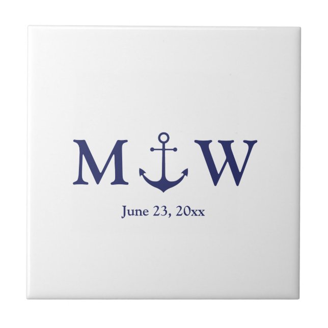 Carreau ancre nautique mariage marine bleu blanc monogramm (Devant)
