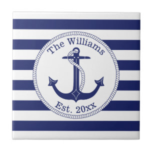 Carreau Ancre nautique Marine Blue Stripes Nom de famille