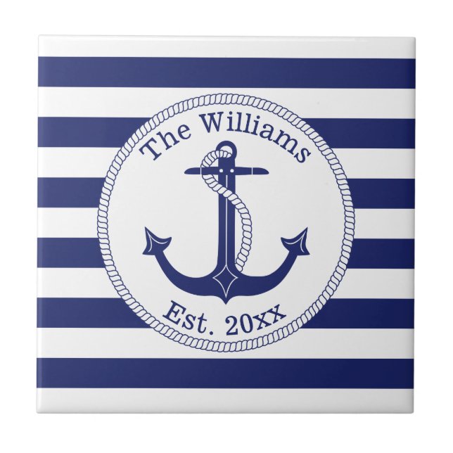 Carreau Ancre nautique Marine Blue Stripes Nom de famille (Devant)