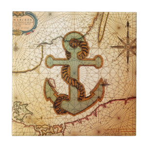Carreau Ancre vintage de carte nautique côtière de plage