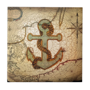 Carreau Ancre vintage de carte nautique côtière de plage