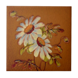 Carreau Anglais Daises on Clay Color Barbotine Repro c1900