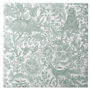 Carreau Animaux de bois Sage Vert Blanc Renard de cerf Lap