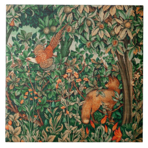 Carreau ANIMAUX FORESTIERS Pheasant et Renard rouge, Flora