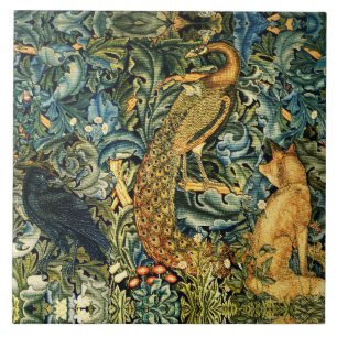 Carreau ANIMAUX FORESTIERS, RAVEN, FOX, PEACOCK Blue Green