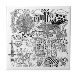 Carreau Animaux sauvages Art dessiné à la main noire et bl