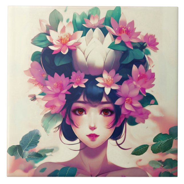 Carreau Anime Girl Crowned with Lotus Blossoms (Devant)
