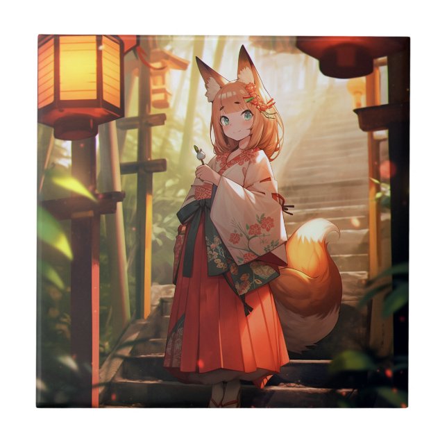 Carreau Anime Kitsune Girl Cute Fox Imaginaire Art (Devant)