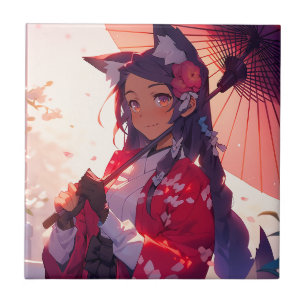 Carreau Anime Kitsune Girl Cute Fox Imaginaire Art