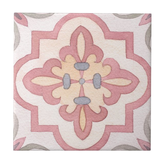 Carreau Années 1960 Fleurs peintes à la main Couleur d'eau (Devant)