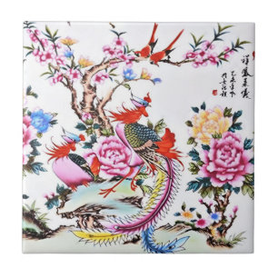 Carreau Antique Chinois Floral Oiseaux Blanc Chinoiserie