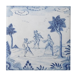 Carreau Antique Delft Tile-Pastoral Scène-Bleu & Blanc-14