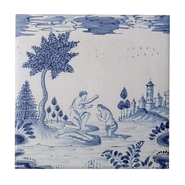 Carreau Antique Delft Tile-Pastoral Scène-Bleu & Blanc-18 (Devant)