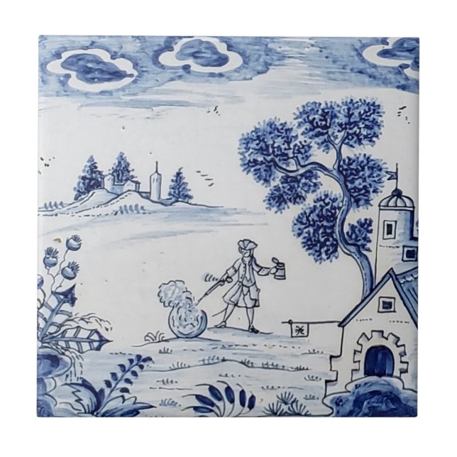 Carreau Antique Delft Tile-Pastoral Scène-Bleu & Blanc-2 (Devant)