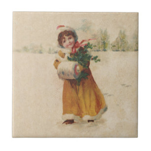Carreau Antique Fille de Noël Enfant d'hiver
