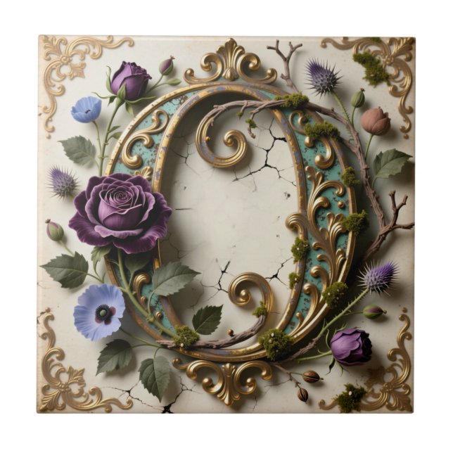 Carreau Antique Floral Gold Patina Letter O (Devant)