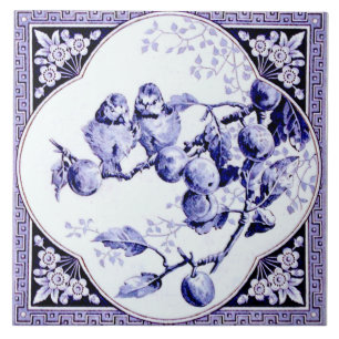 Carreau Antique repro des oiseaux bleus encadrés de Quatre