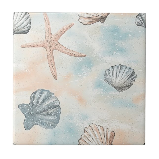 Carreau Aqua Coastal Seashells & Sparkle Starfish (1) (Devant)