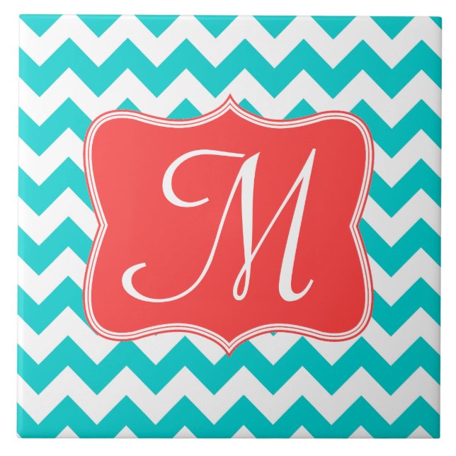 Carreau Aqua Coral Chevron Monogramme moderne (Devant)