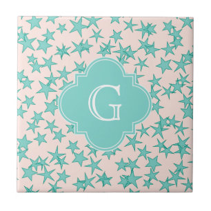 Carreau Aqua Turquoise Stars White Arrière - plan Monogram