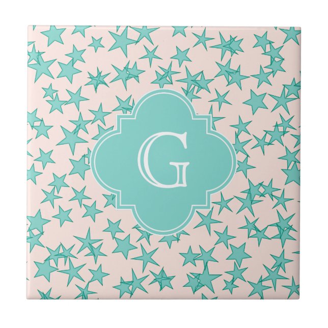 Carreau Aqua Turquoise Stars White Arrière - plan Monogram (Devant)