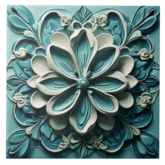 Carreau Aqua Turquoise Turquoise Faux Relief Floral Flower (Devant)
