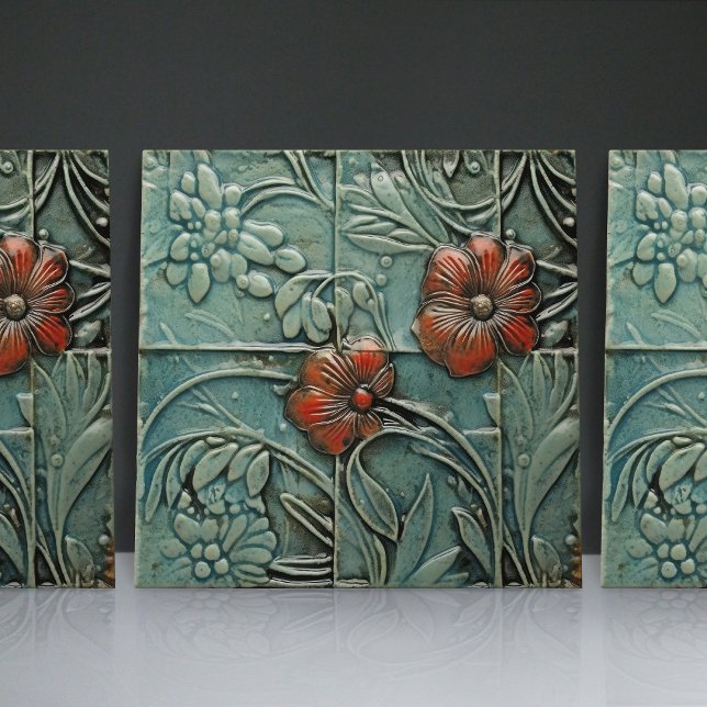 Carreau Aquamarine Blue Red Floral Motifs bio (Créateur téléchargé)