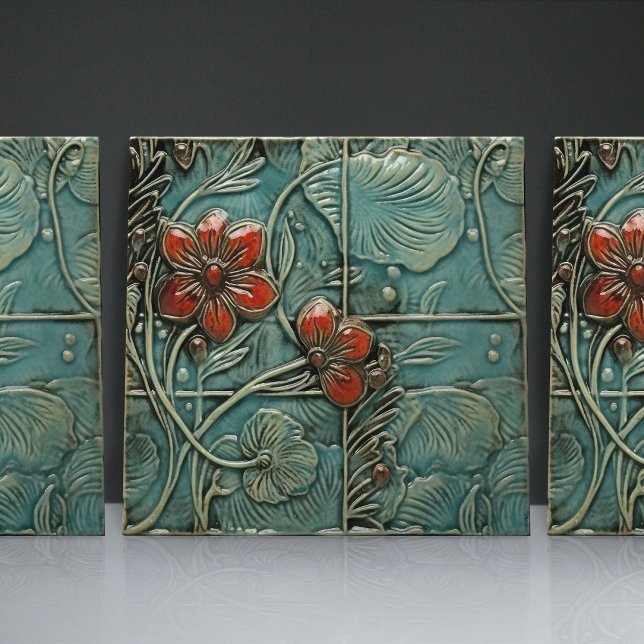 Carreau Aquamarine Blue Red Floral Motifs bio (Créateur téléchargé)