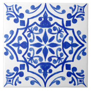 Carreau Aquarelle à motif bleu et blanc méditerranéen