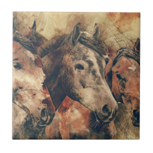 Carreau Aquarelle absolument magnifique de trois chevaux
