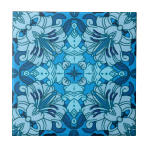 Carreau Aquarelle Abstraite Floral Denim Blue
