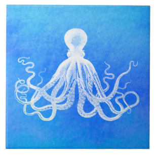 Carreau Aquarelle blanche octopus bleu océanique 