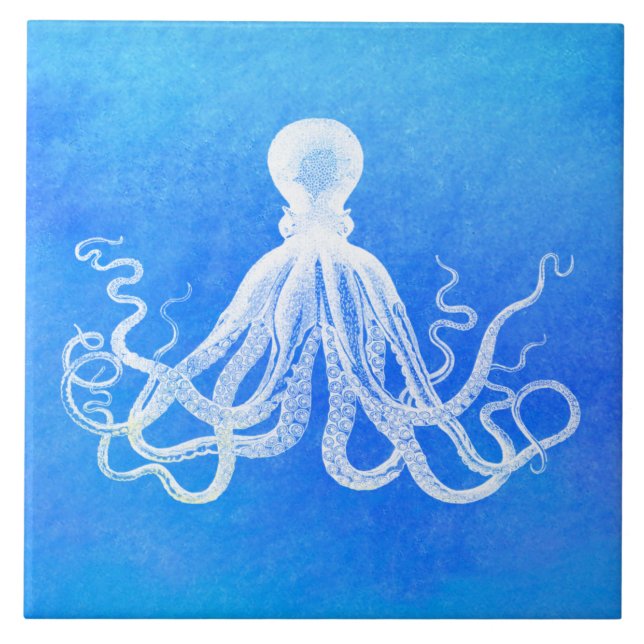 Carreau Aquarelle blanche octopus bleu océanique  (Devant)