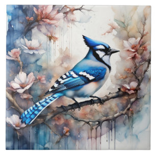 Carreau Aquarelle bleu Jay Cherry Blossoms