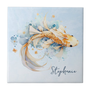 Carreau Aquarelle bleu or Koi poisson personnalisé