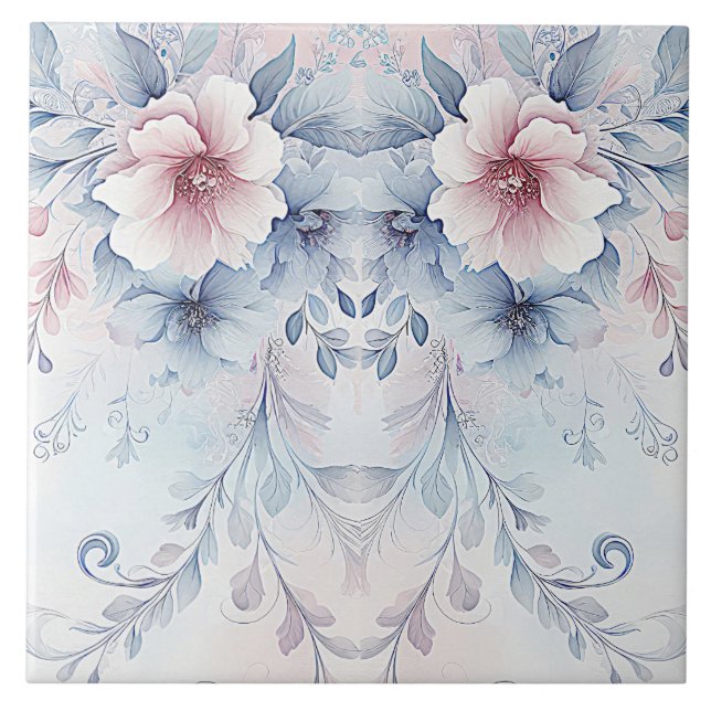 Carreau Aquarelle Bleu Rose Carrelage en céramique Florale (Devant)