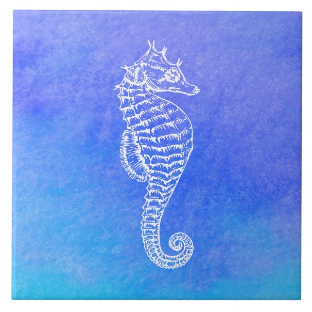 Carreau Aquarelle bleu turquoise du cheval de mer blanc (Devant)